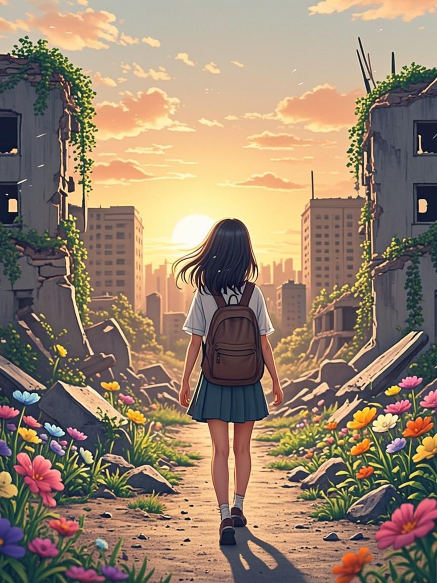 二次元插画：背包的旅人走向落日，废墟间野花野蛮生长，夏雪纷飞